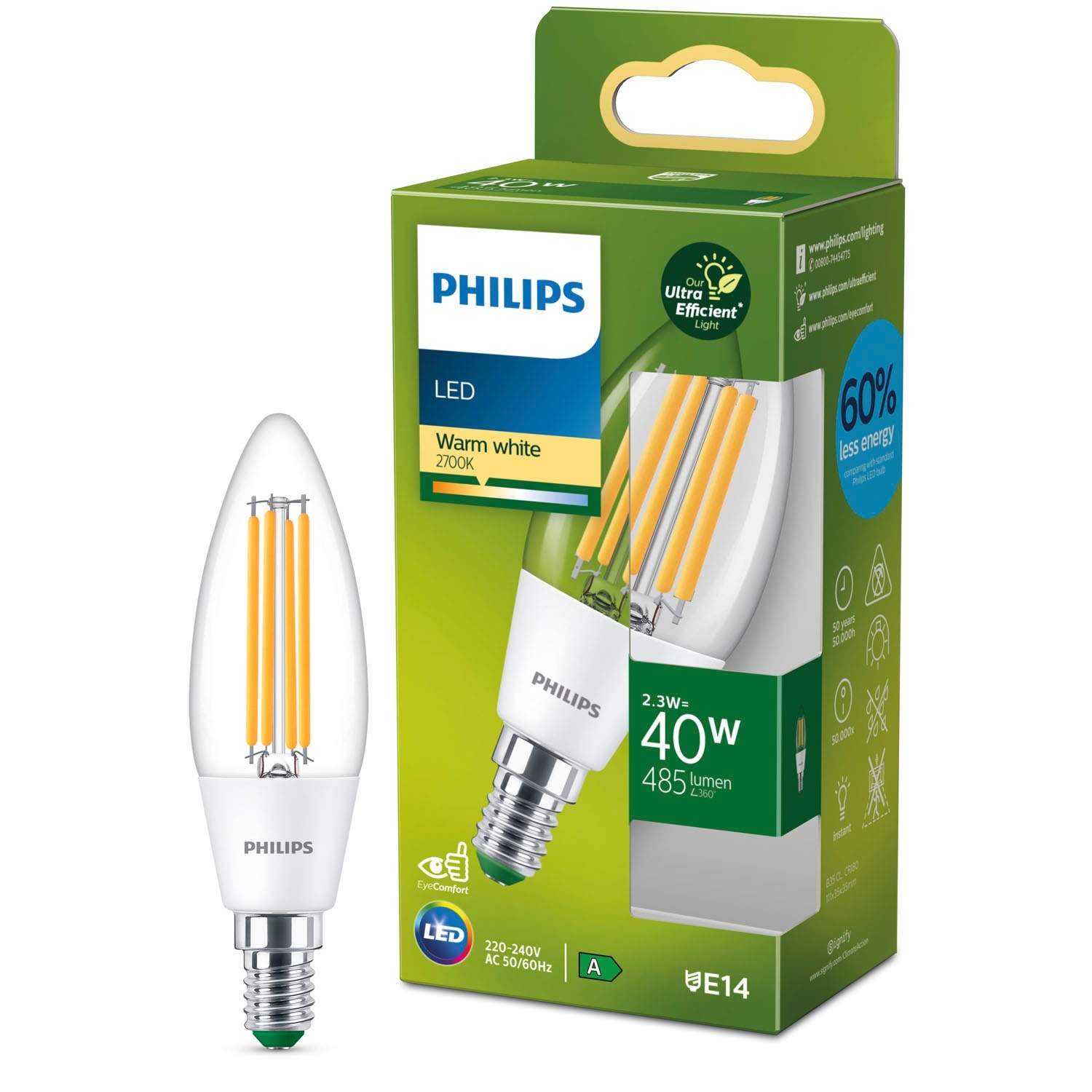 LED E14 B35 Crown 2,3W (40W) Klar 485lm 2700K Energiklasse A