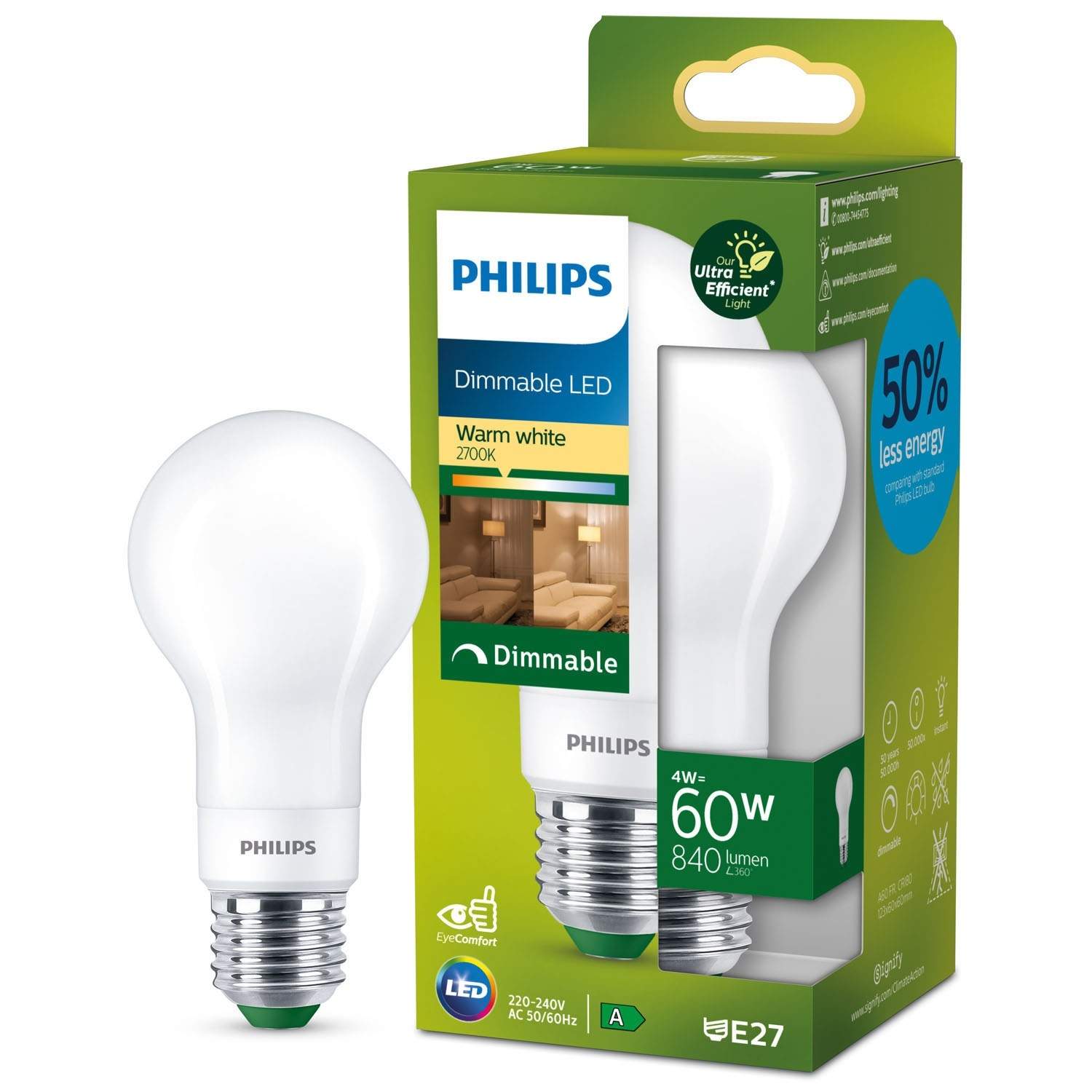 LED E27 Normal 4W (60W) Frost Dæmpbar 840lm 2700K Energiklasse A billede