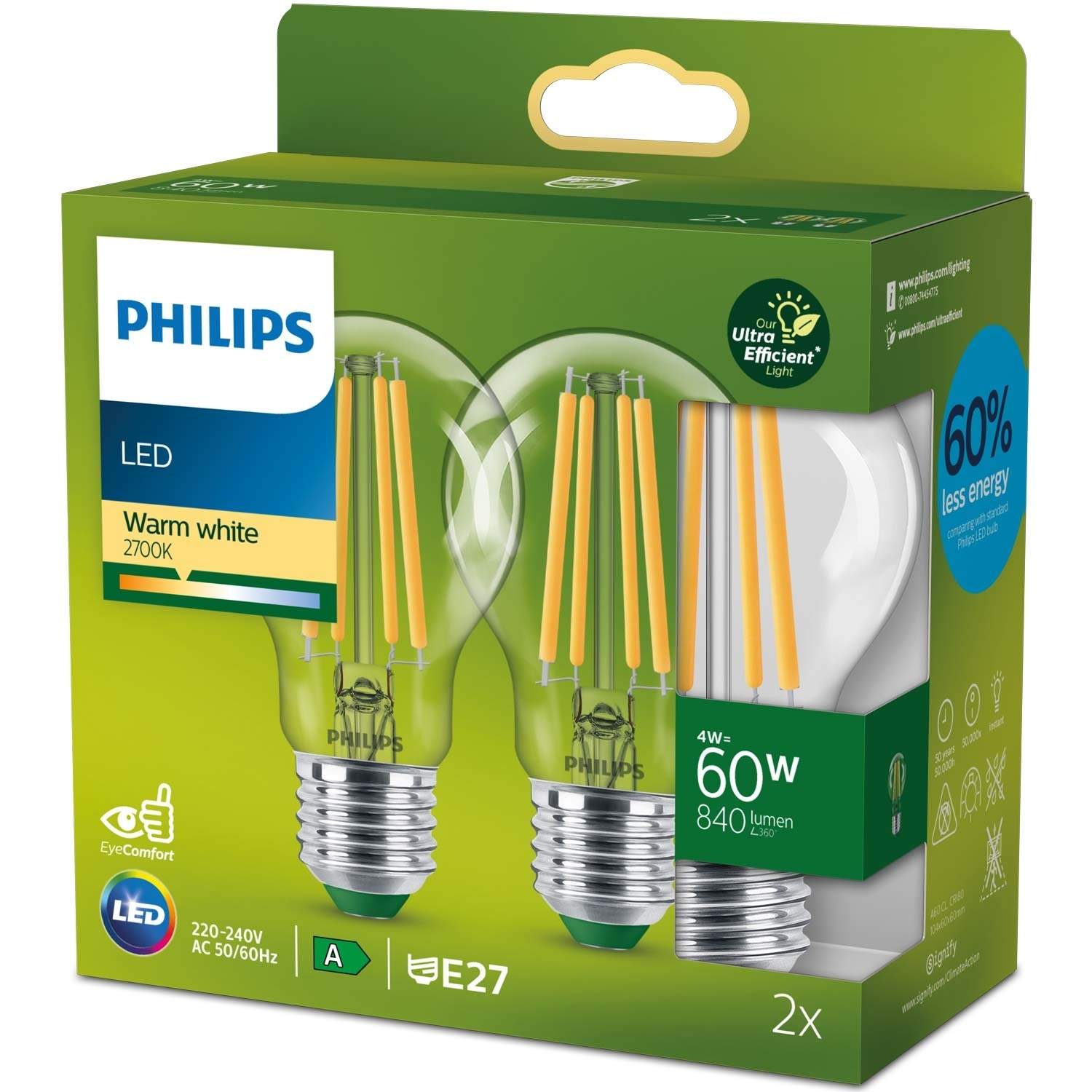 2-pak LED E27 Normal 4W (60W) Klar 840lm 2700K Energiklasse A billede