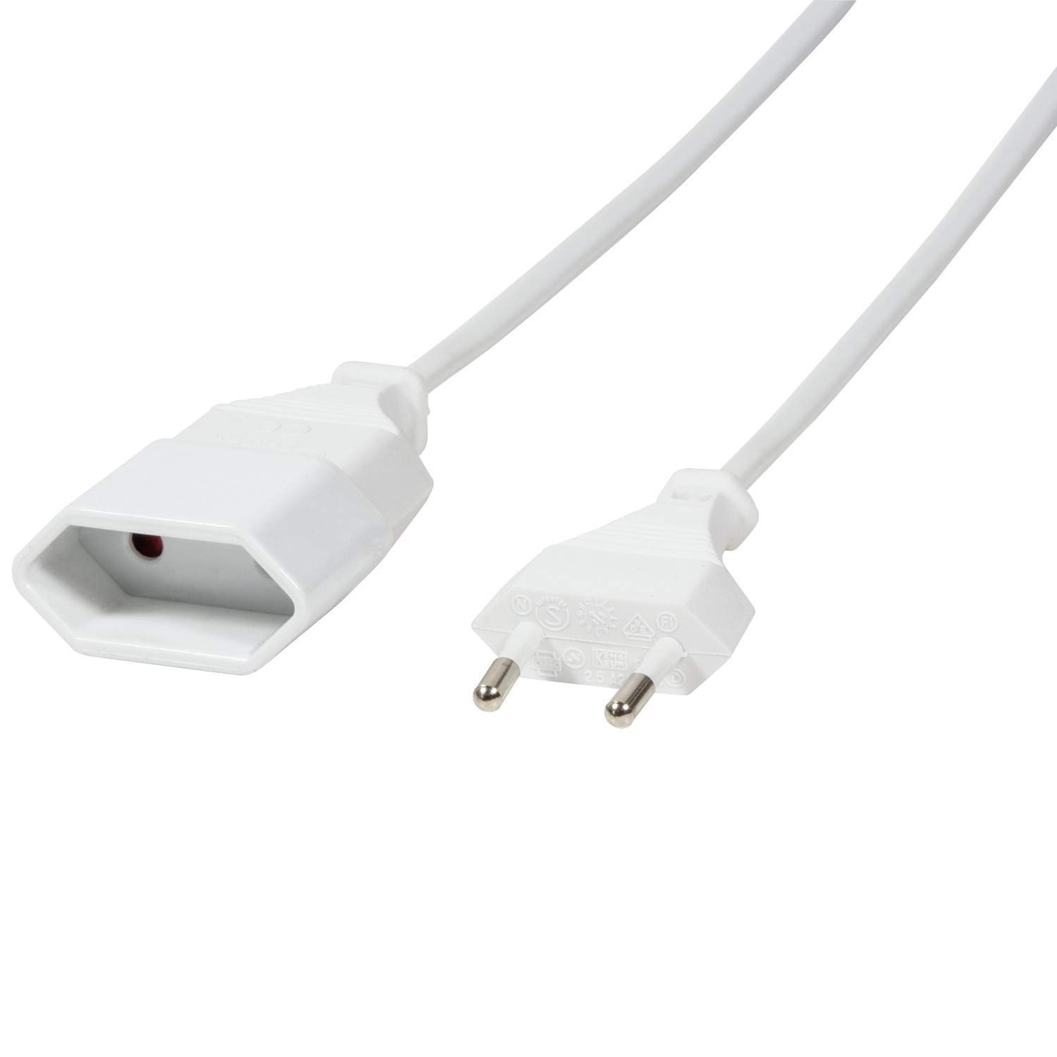 Power cord extension, Euro male to Euro female, 3m, white