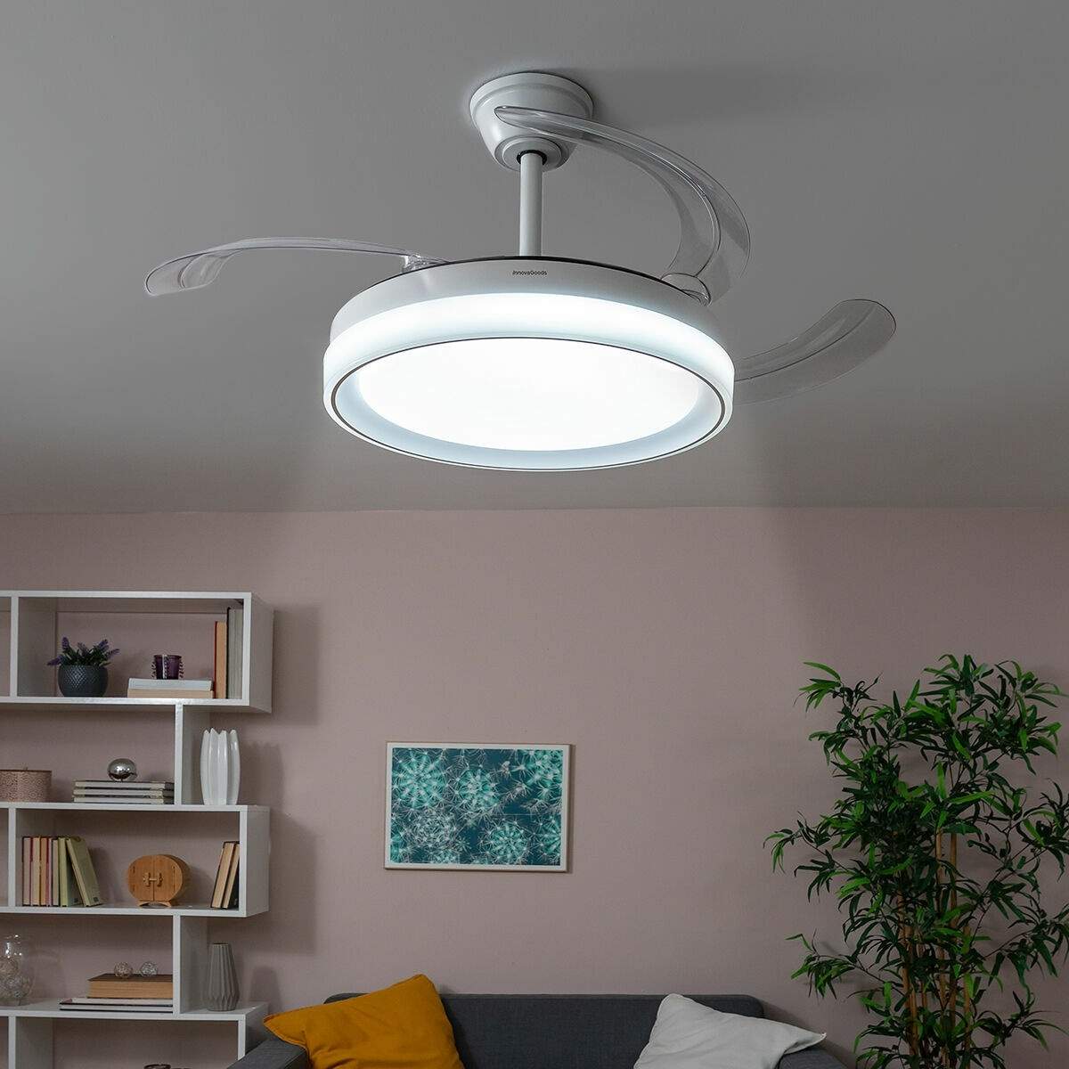 Stille LED loftsventilator med udtrækkelige blade, 6 hastigheder