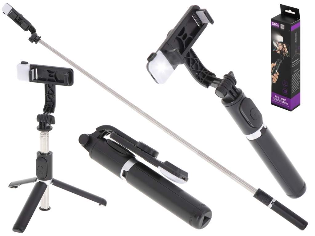 Selfie Stick med stativ og LED-lys til rejser