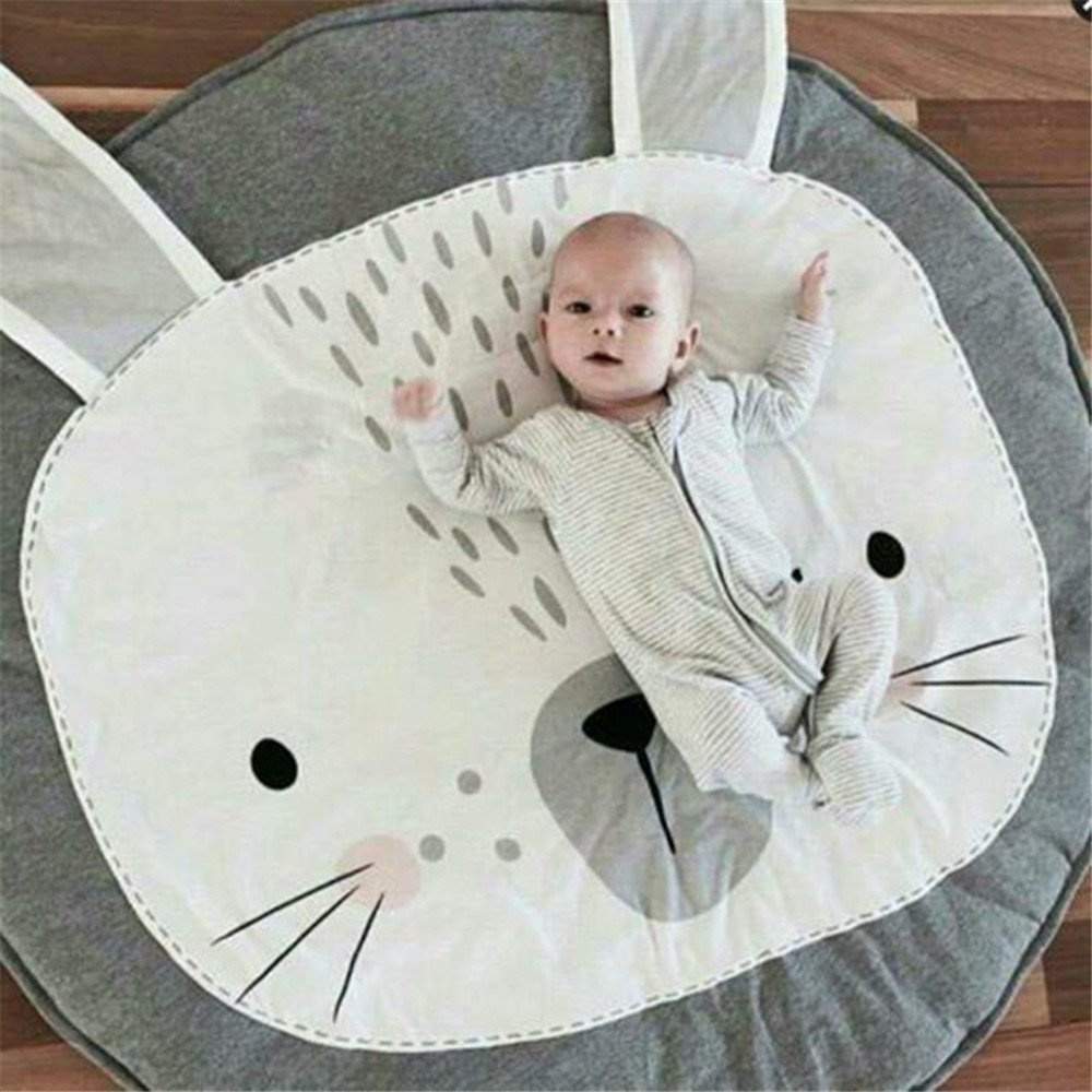 Stort rundt babytæppe med kaninmotiv, gråt 85 cm