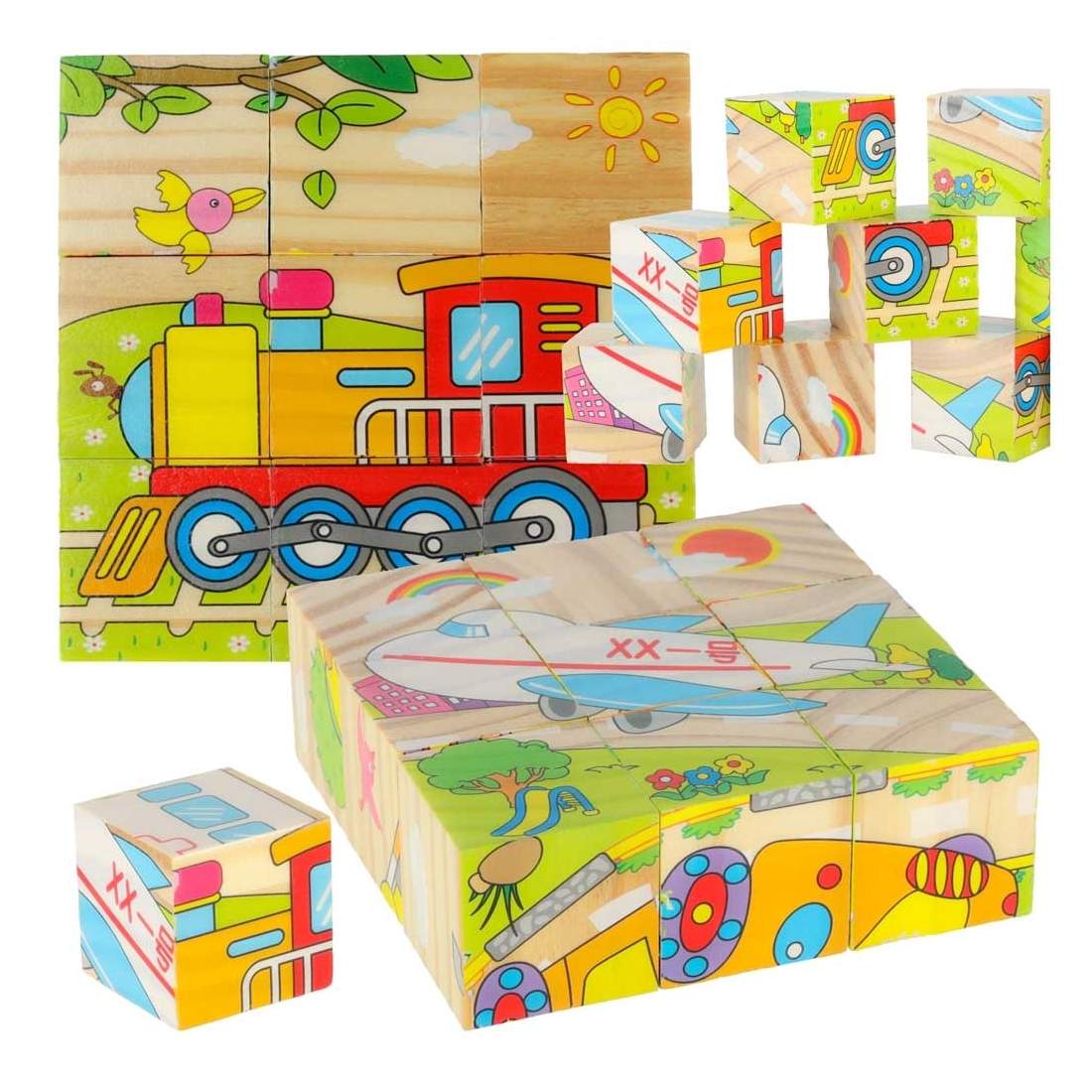 Färgglatt fordonspussel i trä - 9 kuber, 6 motiv | Leksaker & Spel - Leksaker - Pussel | Pryloteket
