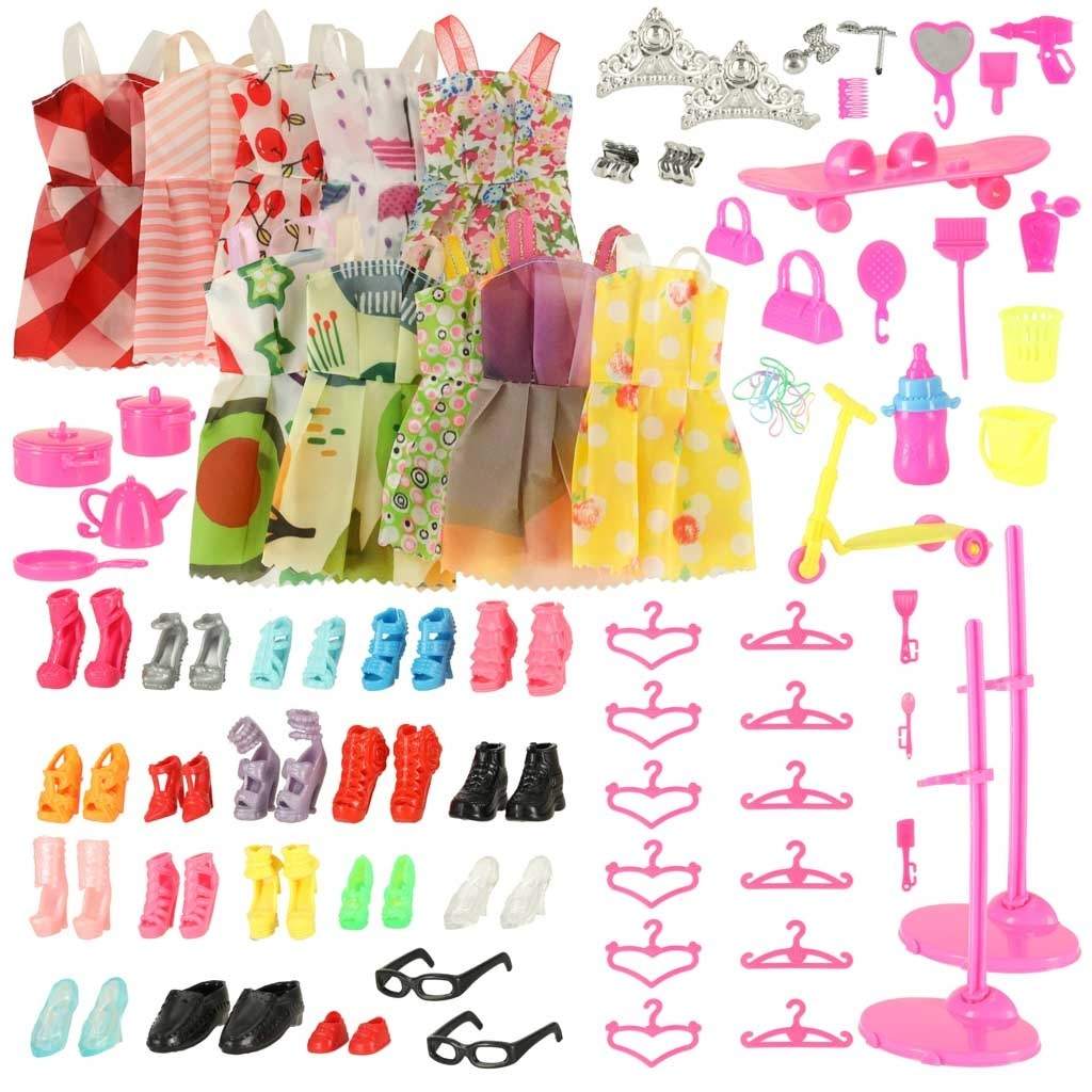 Farverigt sæt med 85 dukketøj og tilbehør