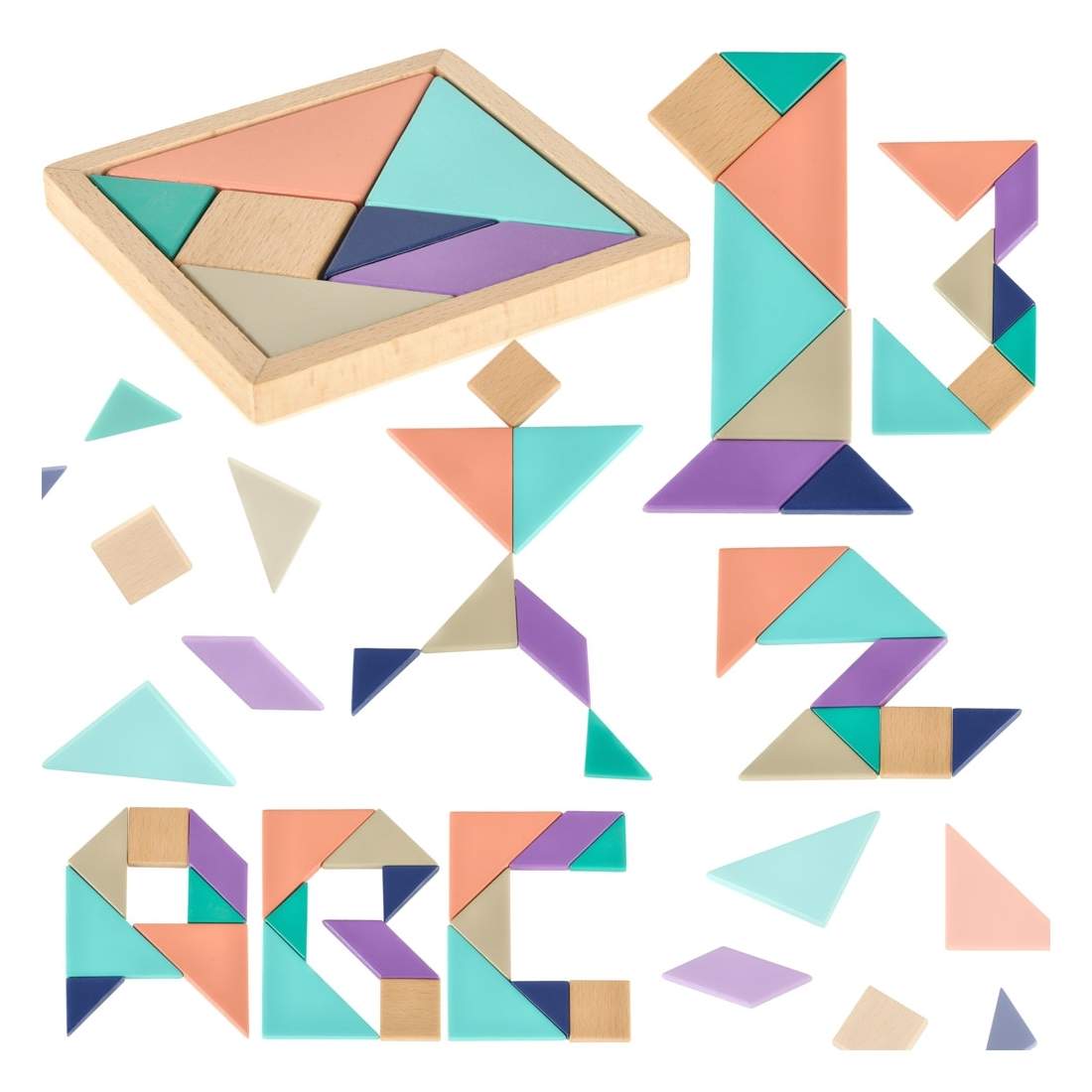 Farverigt træpuslespil med 7 brikker og bund, 11,5x11,5 cm