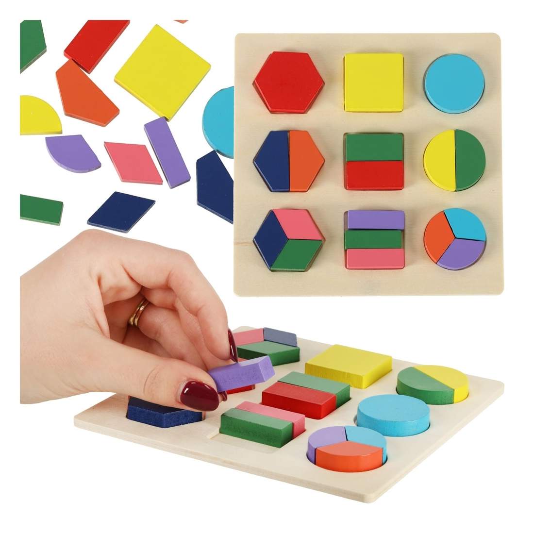 Farverigt træpuslespil med 18 unikke former