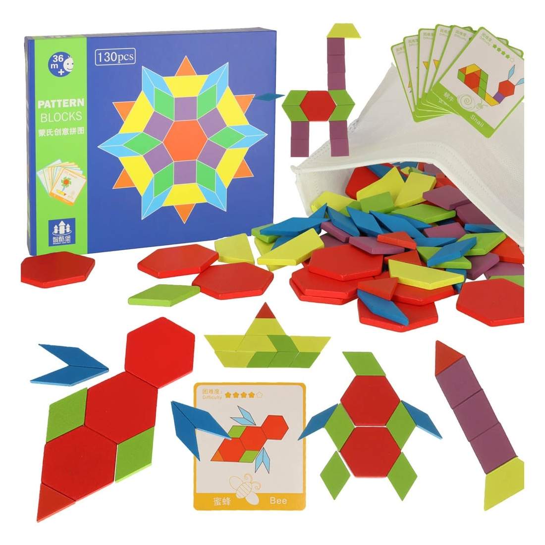 Farverigt træpuslespil med 24 kort, 5 niveauer