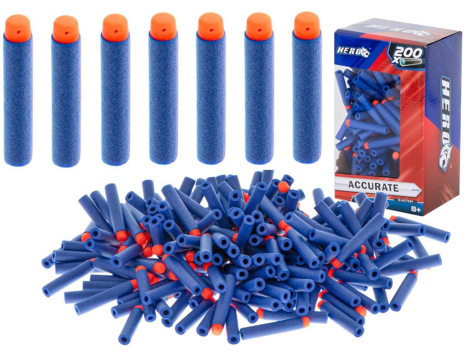 200 NERF-kompatible skumpile, blå-orange, 7 cm