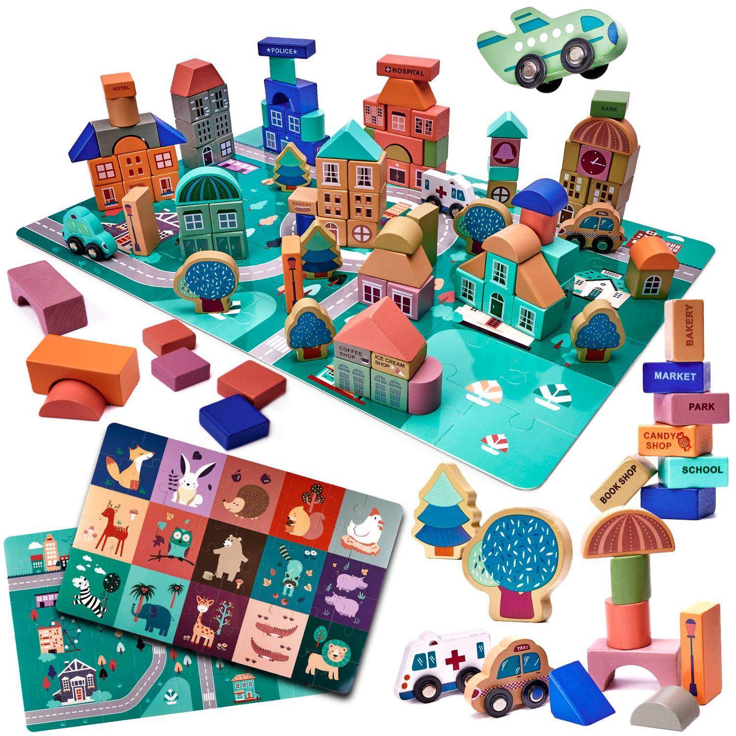 Träblock för Lärande: Byggnader, Fordon & ABC