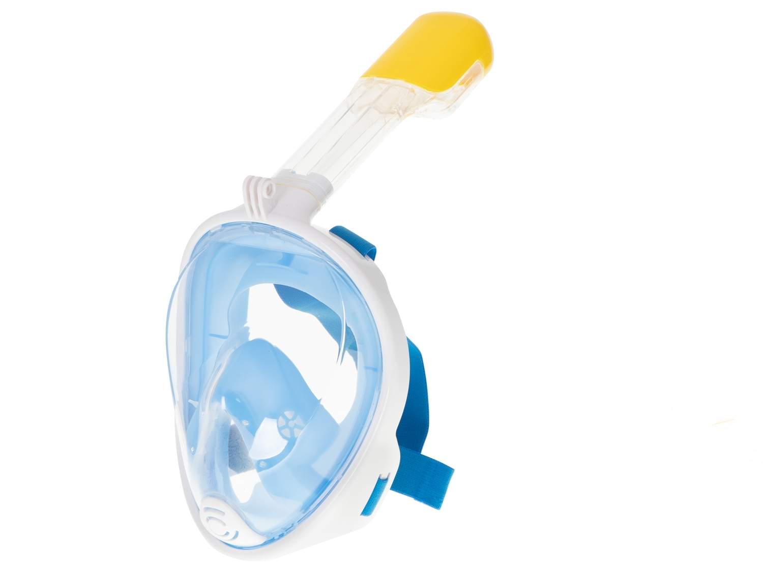 Blå snorkelmaske med tørt rør og net, L/XL