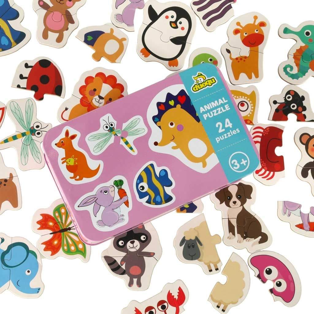 Pædagogisk dyrepuslespil 24 brikker - farverigt og lærerigt