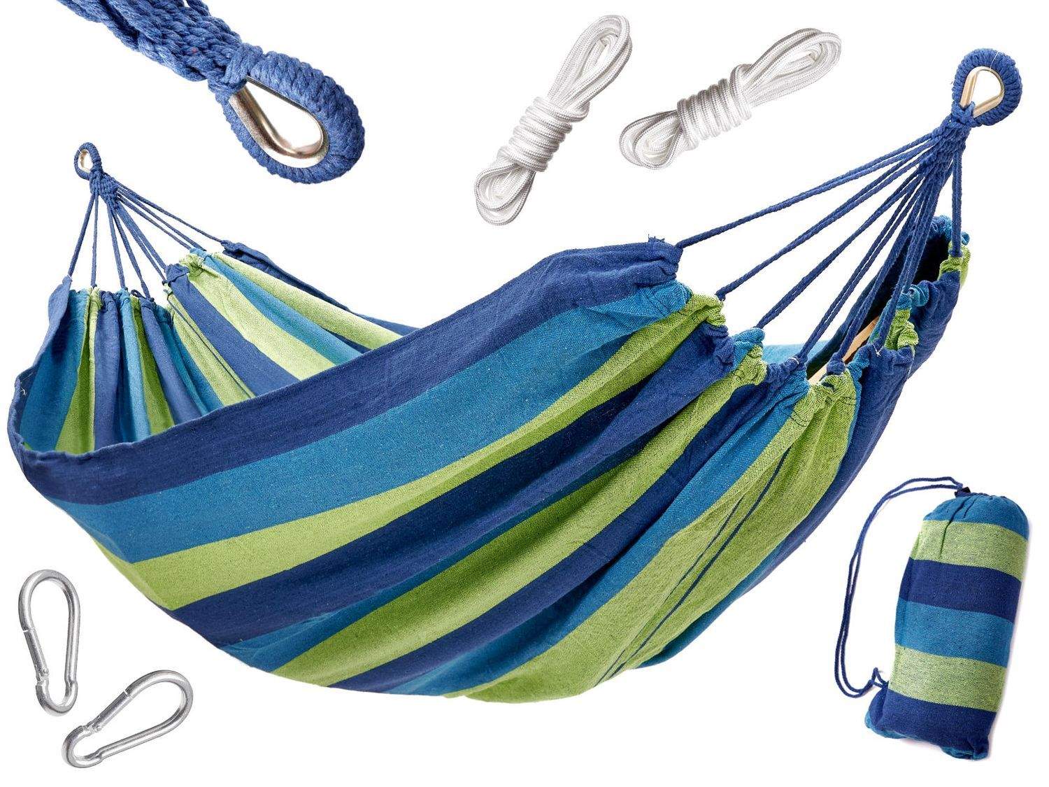 Sinivihreä punottu kaksinkertainen riippumatto sarjalla