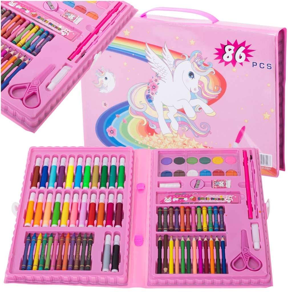 Pink kunstsæt 86 dele med tuscher og farveblyanter