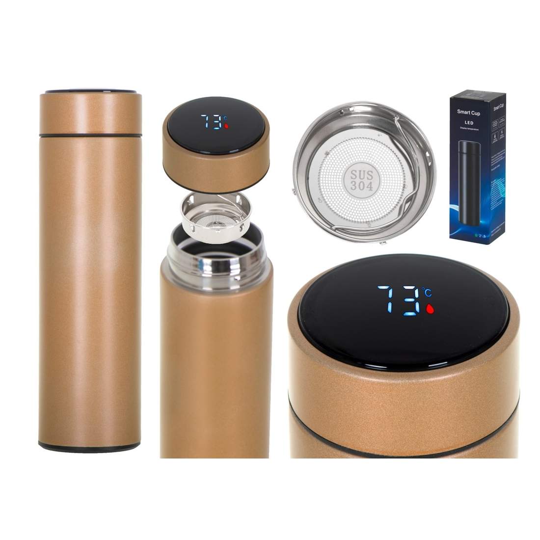 Guld termomugg 500ml LED-temp & avskiljare | Hem & Hobby | Pryloteket