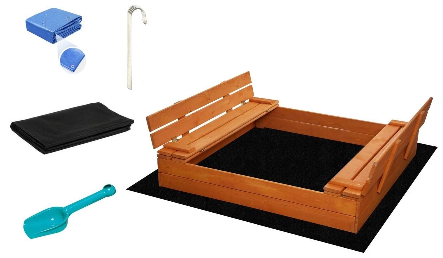 Sammenklappelig træsandkasse med bænke og ryglæn