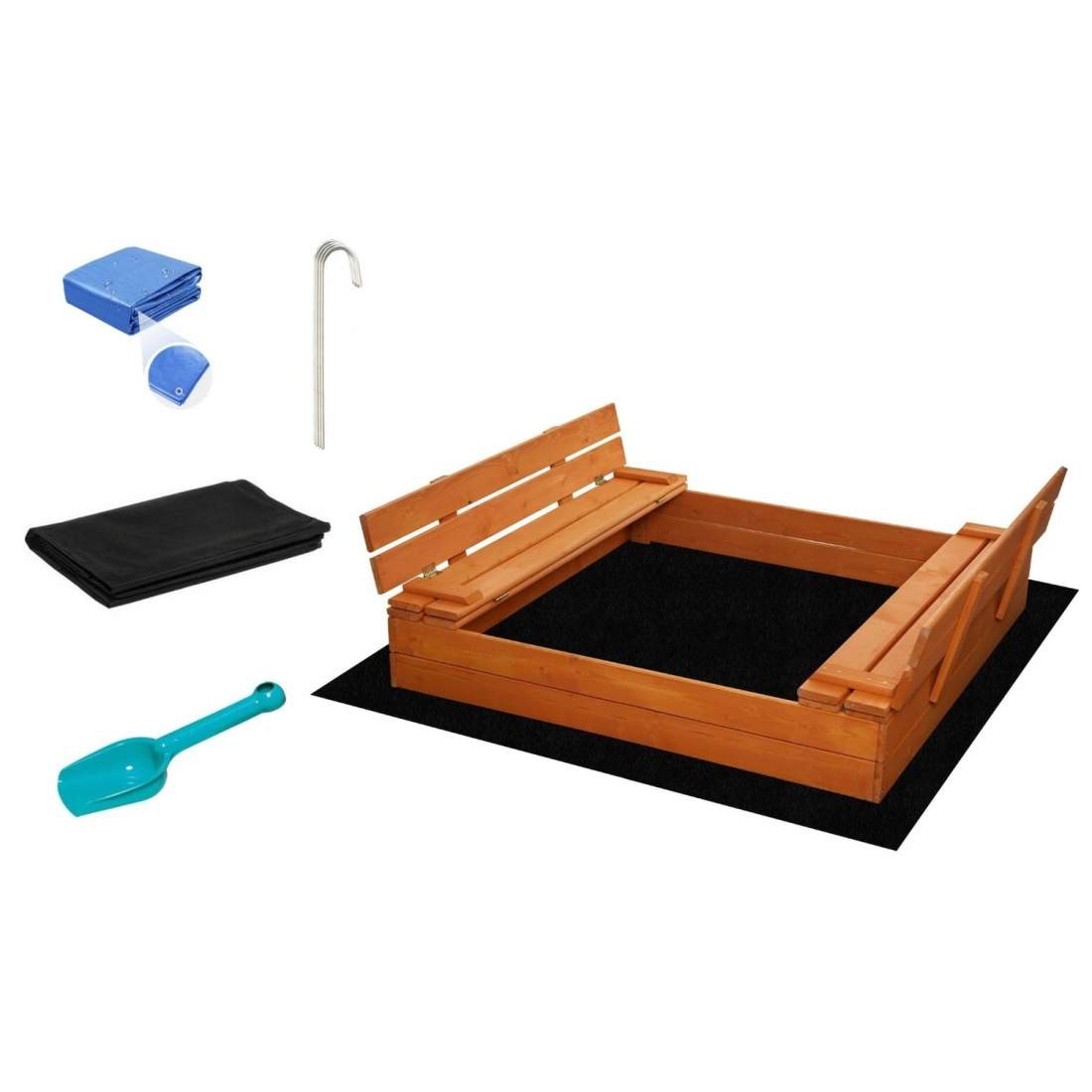 Vikbar sandlåda i trä med bänkar och ryggstöd | Hem & Hobby | Pryloteket