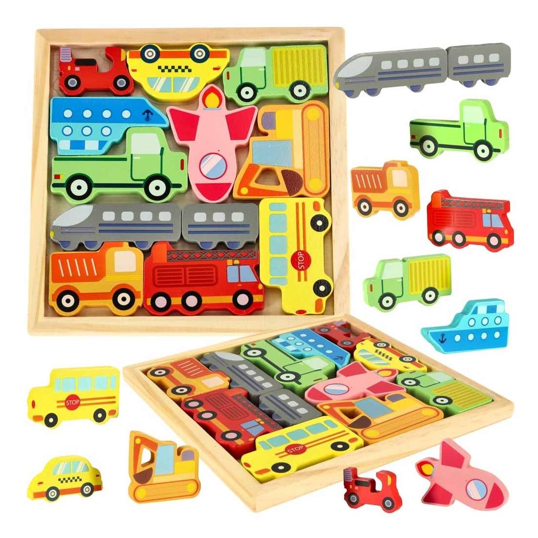 Farverigt træpuslespil med køretøjer - 12 stykker i en ramme