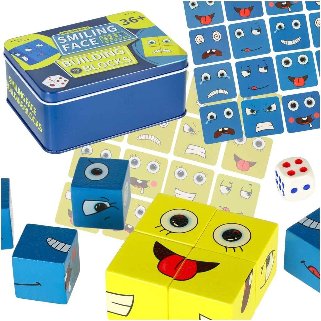 Puslespil med smileys - 8 blokke, terninger, kort