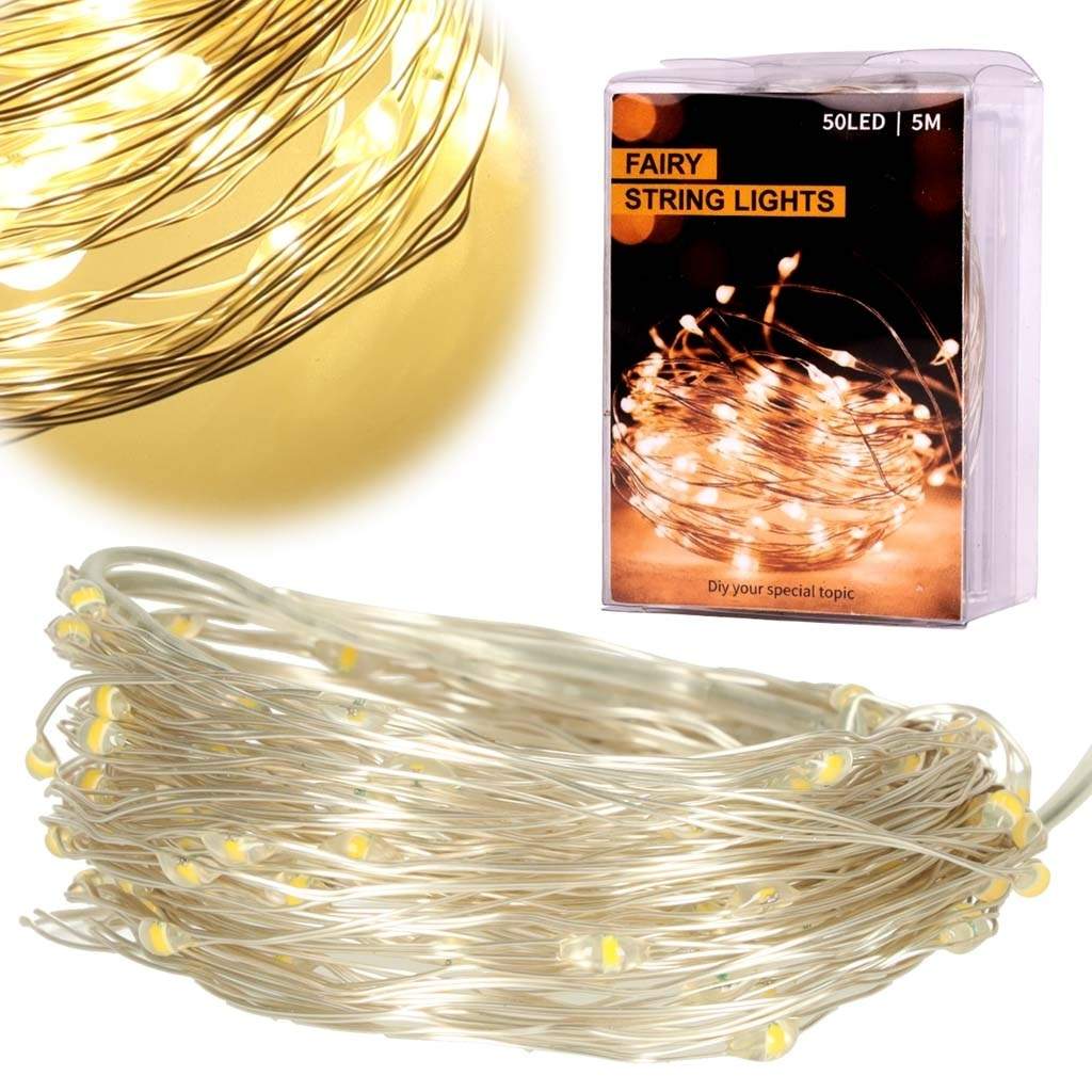 Batteridrevet LED-lys, varm hvid, 5m, 50 stk