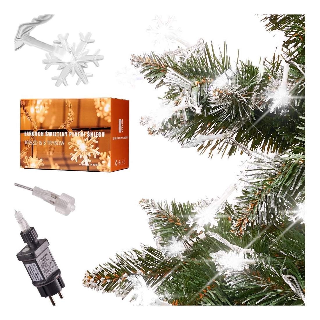 Snöflingeformade LED-lampor, 10m, kallvit, 8 lägen