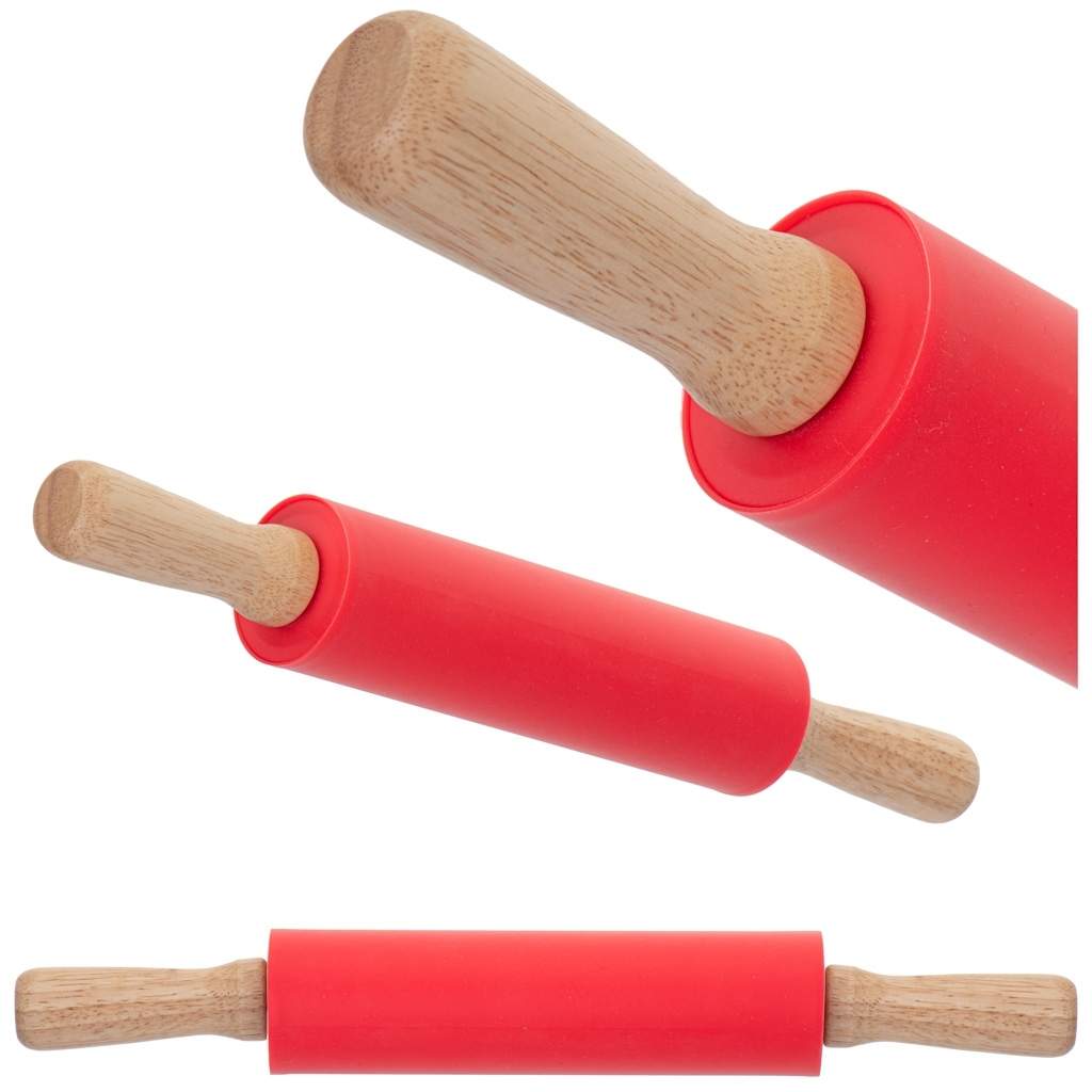 Rød Silikone kagerulle 38cm med træhåndtag