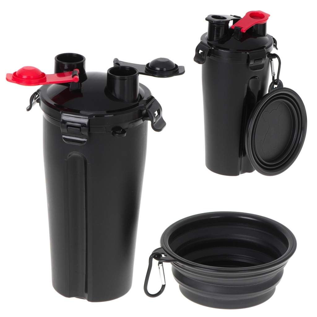 Flaske med to rum og sammenklappelig kæledyrsskål