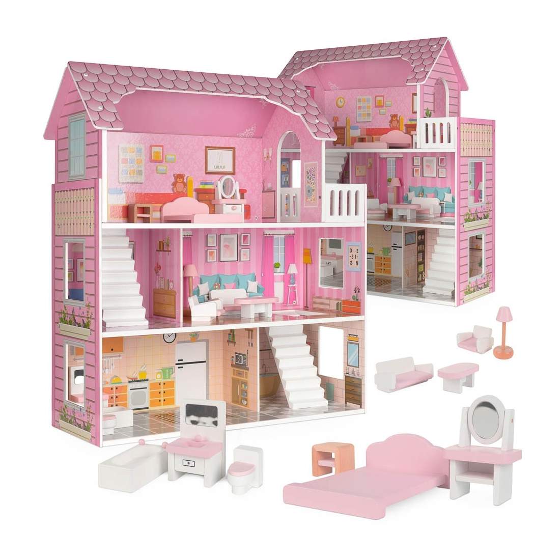 Rosa trähus med 3 våningar och möbler