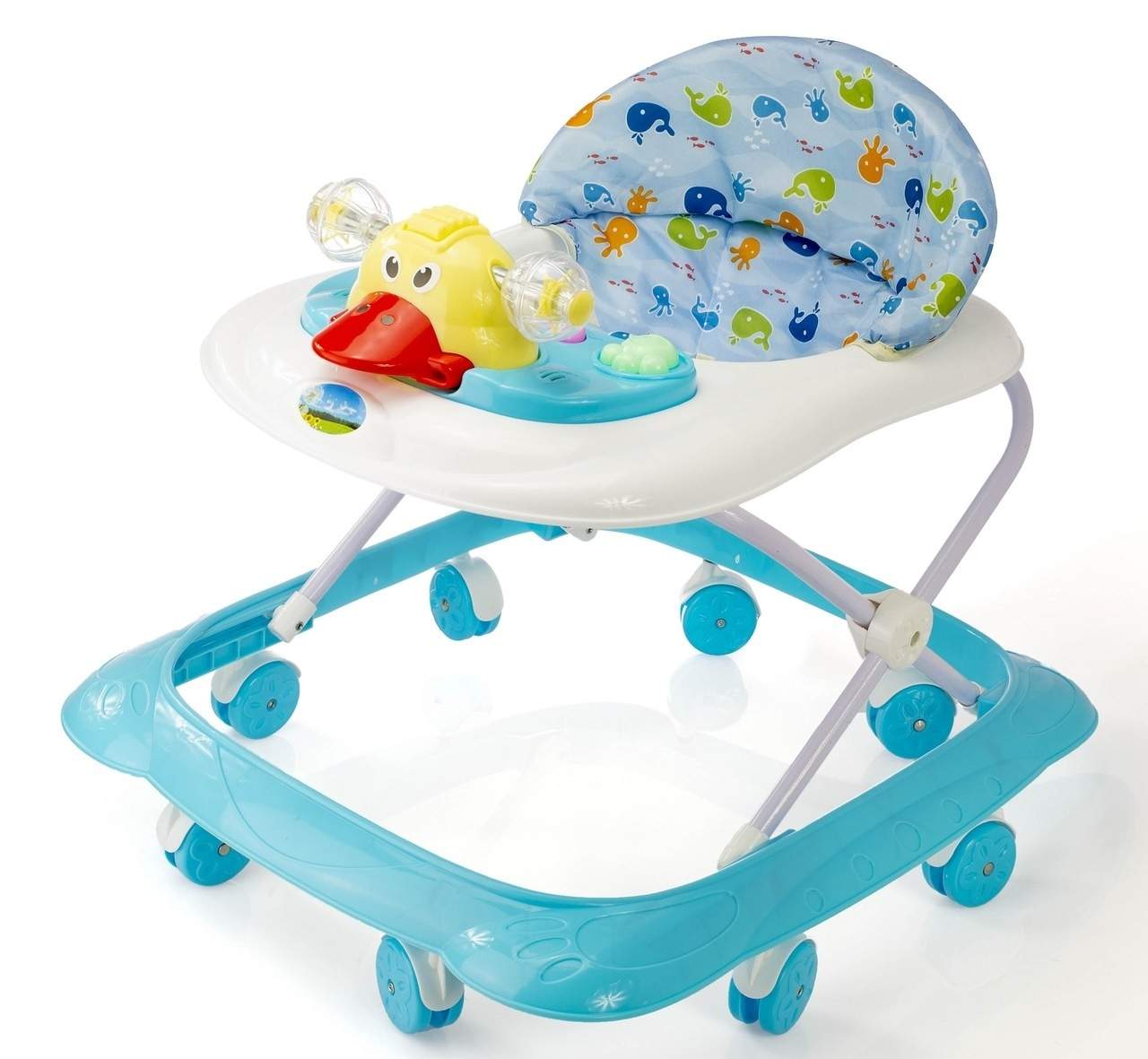 Multifunktionel rollator med legetøj og komfortabelt sæde