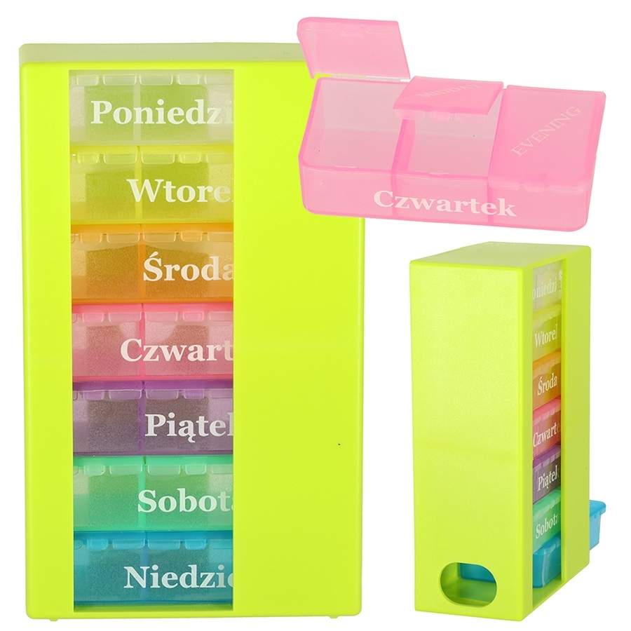Ugentlig pilleæske 7 farver, 3 rum/dag