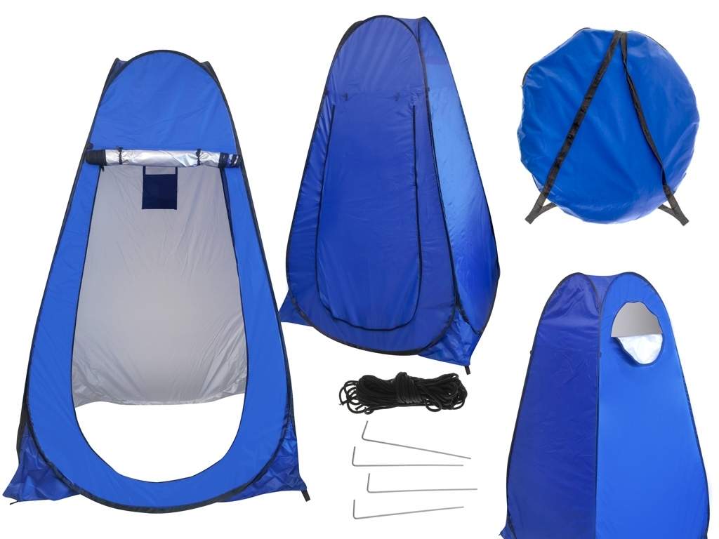 Selvfoldende blåt strandtelt med omklædningsrum