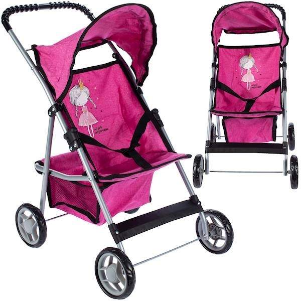 Pink dukkevogn med kaleche og sikkerhedsseler