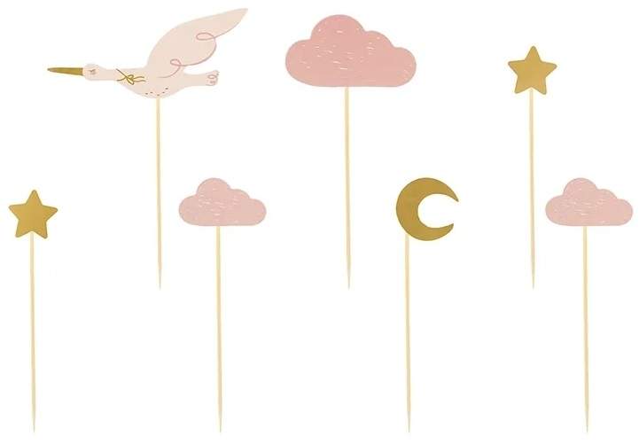 Pink & Gold Cupcake dekorationer - Stork, Skyer, Stjerner