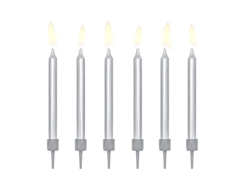 Sølvfarvede fødselsdagslys med underkopper - 6-pak