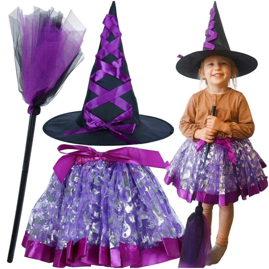 Halloween-heksekostume med tylskørt og kosteskaft