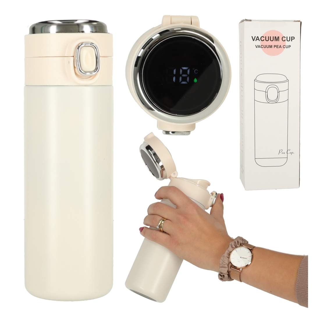 Termisk mugg med LED-display, 420 ml, beige | Hem & Hobby | Pryloteket