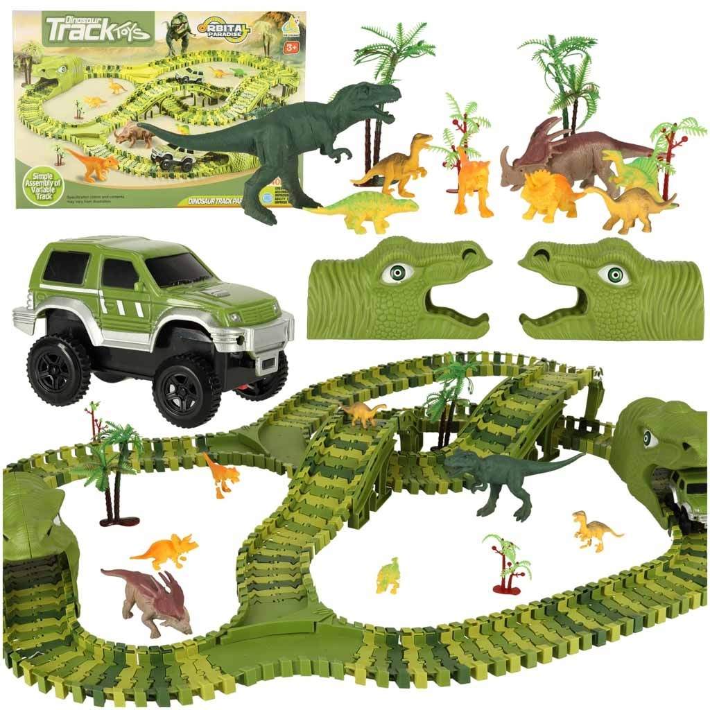 Væddeløbsbane med dinosaurer og biler - 240 dele