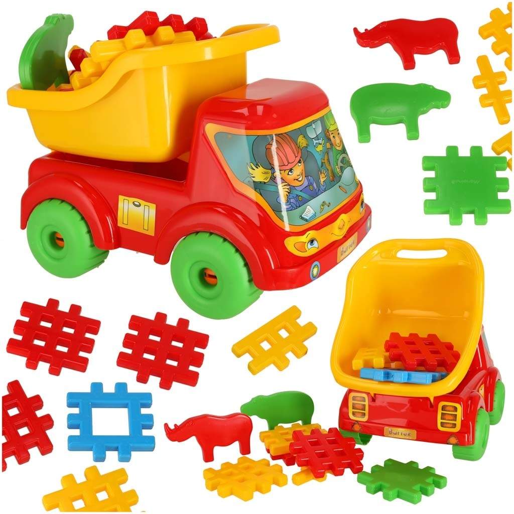 Farverigt sandtilbehør med trolley og forme