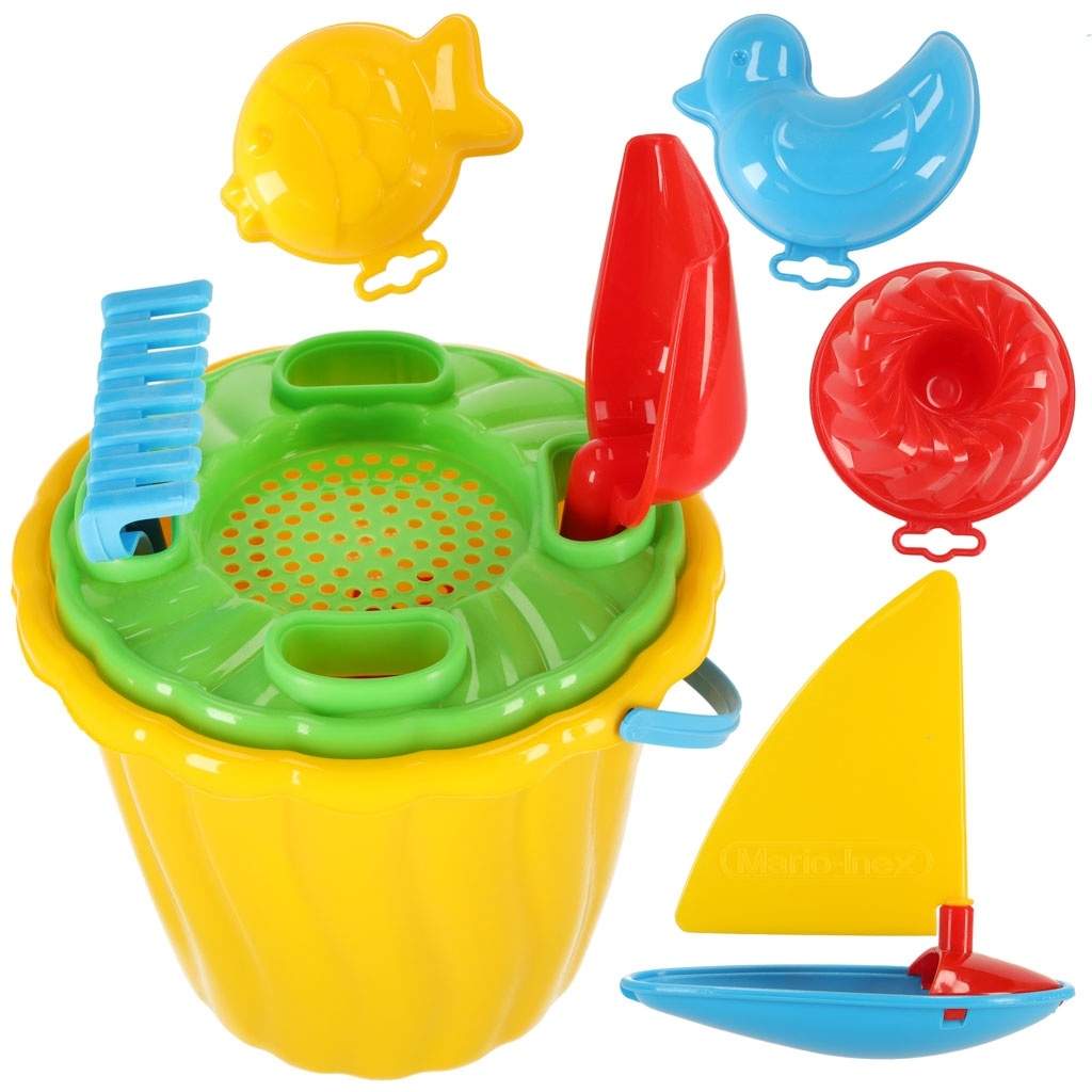 Farverige sandsæt: Scoop, rive, spade, forme