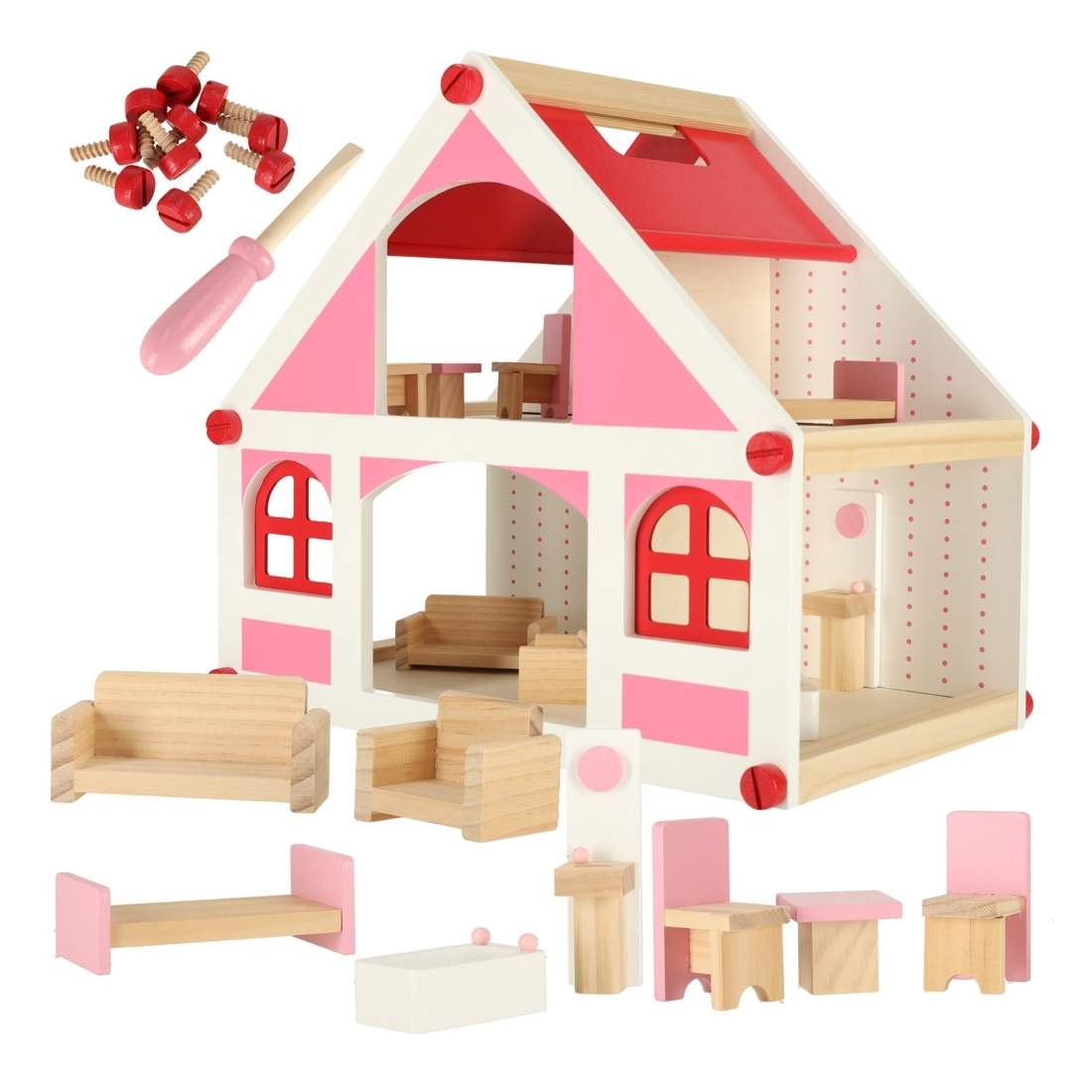 Charmigt dockhus i trä, vitt/rosa, möblerat 36cm | Hälsa & Skönhet - Personvård - Vård & Rehabilitering - Hållning | Pryloteket