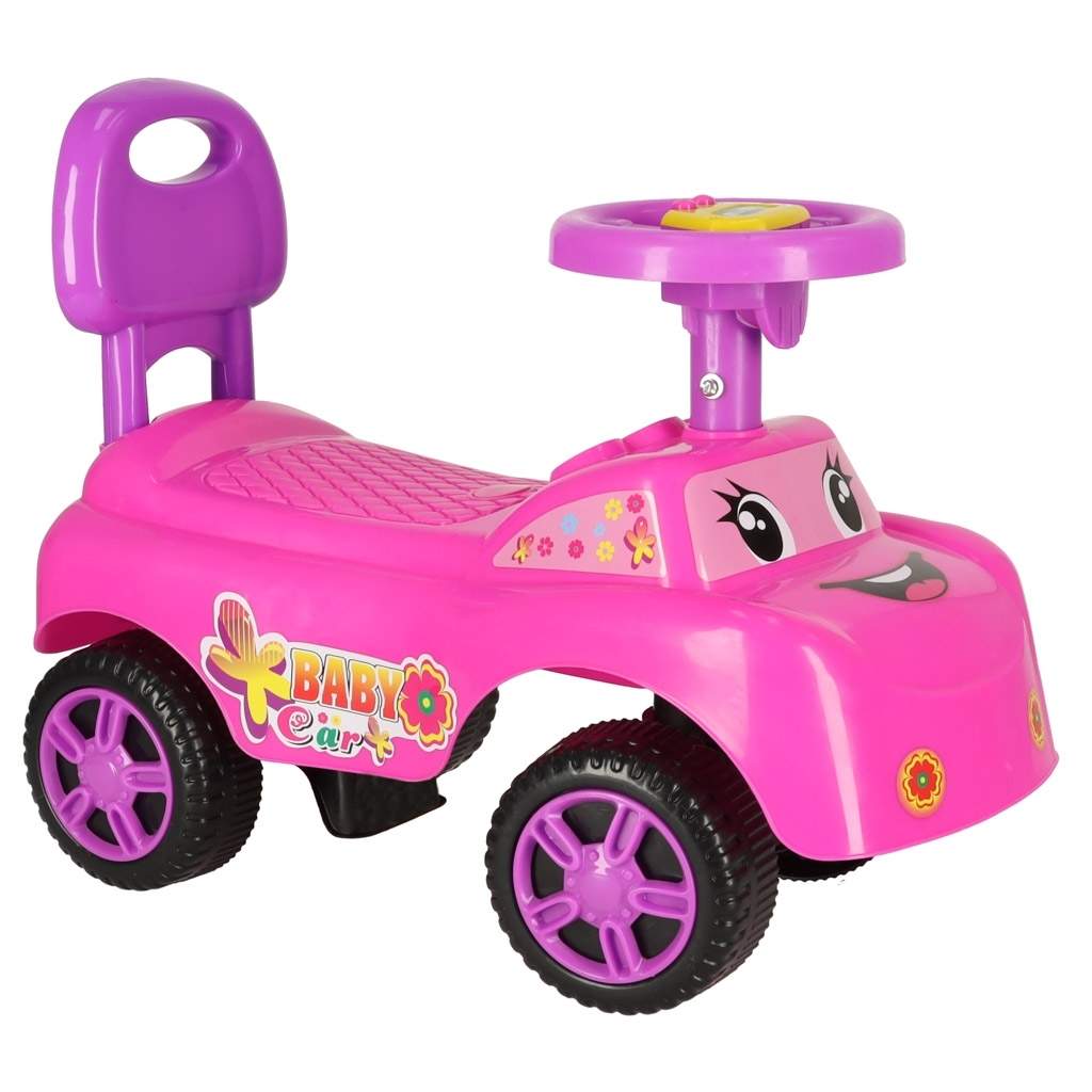 Pink barnevogn med horn og smilende motiv