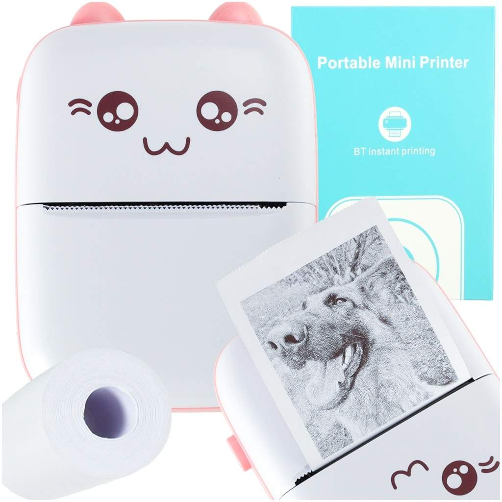 Pink Mini Label Printer med USB og Cat Motiv