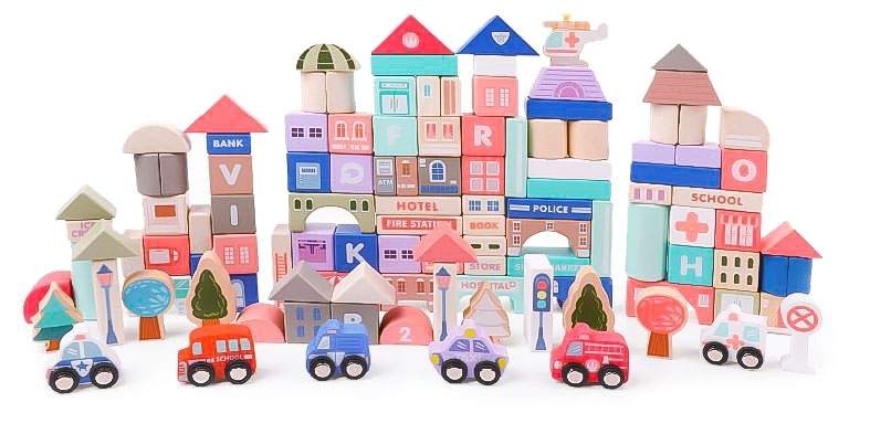 Wooden City for børn 3+ med 115 dele og køretøjer