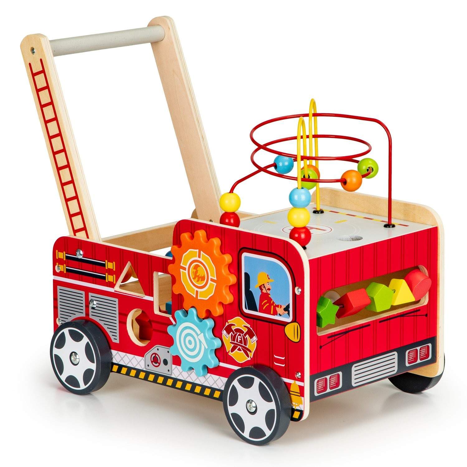 Legetøjsrullator i træ med formsortering og blokke