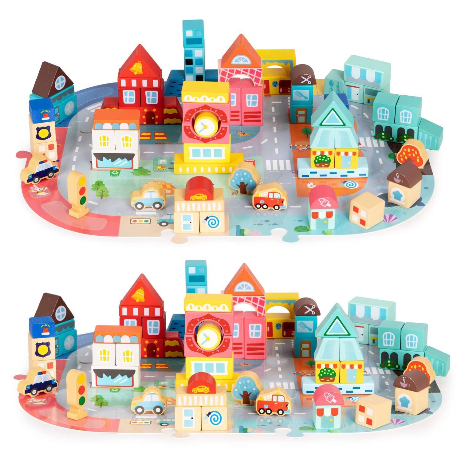 Bysæt i træ til børn 3+, 88 dele, sikker farve