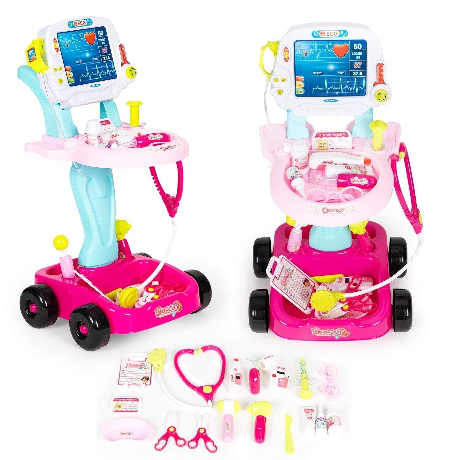 Medicinsk trolley til børn med lyd, lys & 17 tilbehør