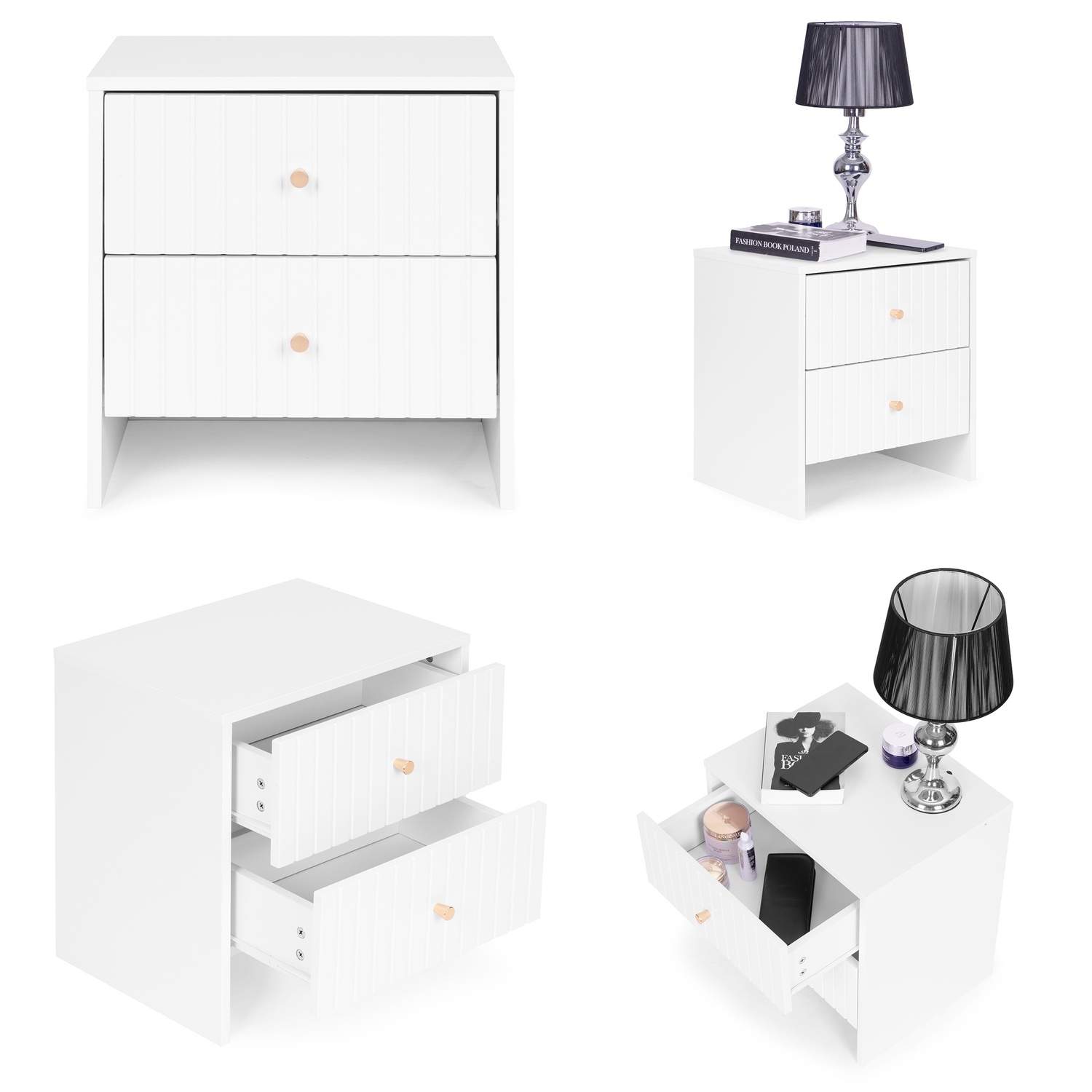 Hvidt sengeskab med 2 skuffer, stabilt design