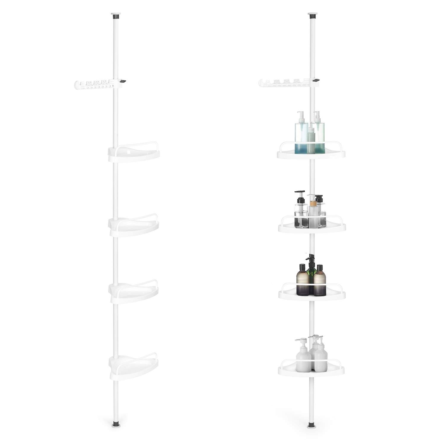 Telescopic bathroom shelf with 4 shelves and hangers, stainless steel