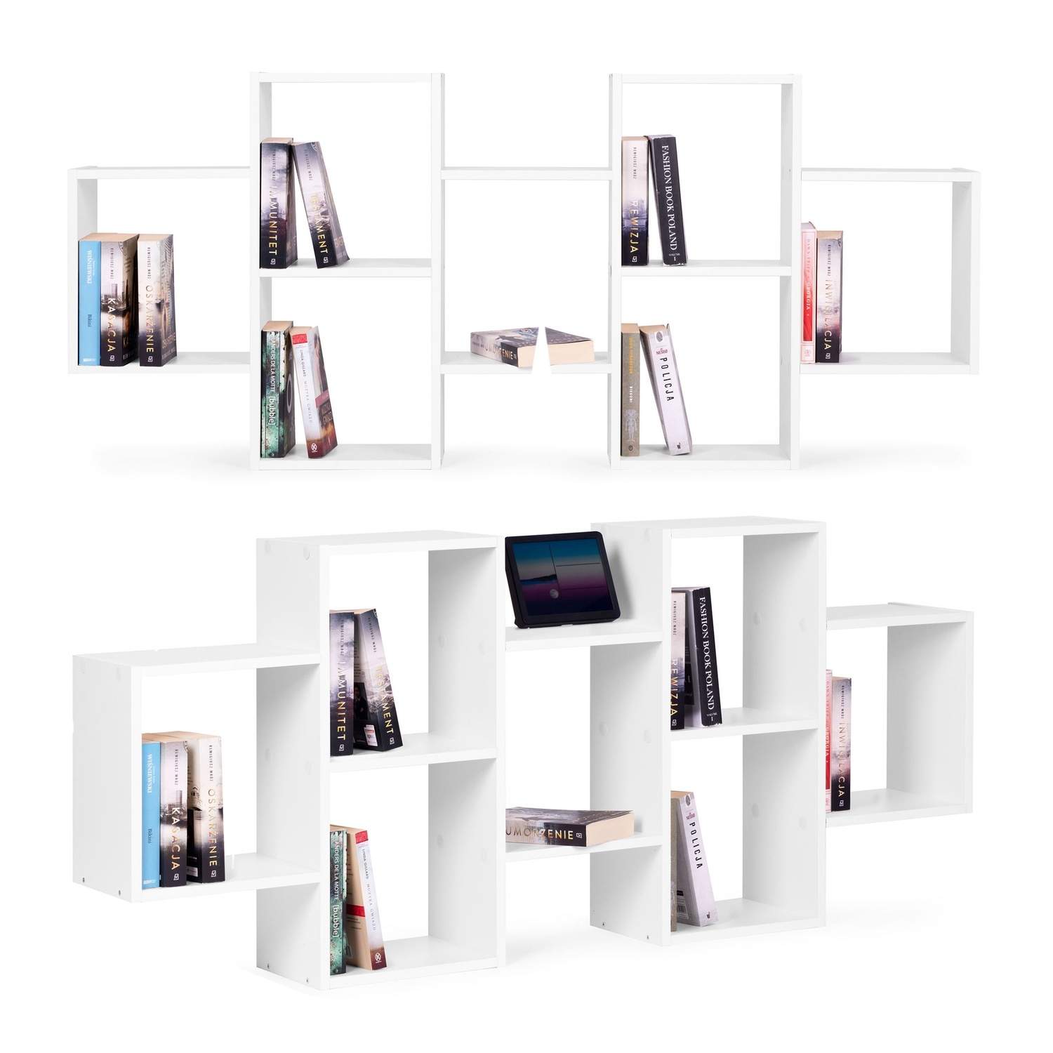 Hvid vægmonteret hylde - 8 hylder, moderne design