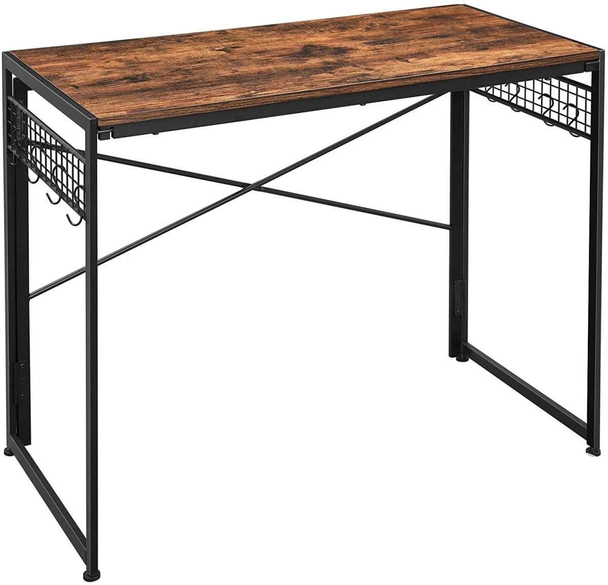 Loft-stil skrivebord i mørk eg med metalkroge
